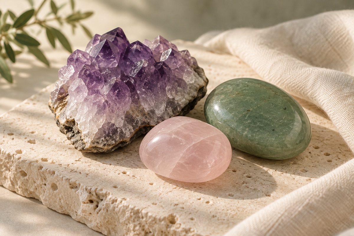 Composition de pierres : améthyste, quartz rose et aventurine sur un plateau clair.