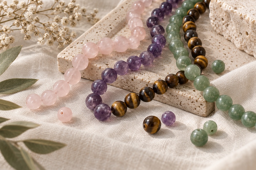 Perles aux nuances de rose, violet, vert et doré sur du lin naturel.